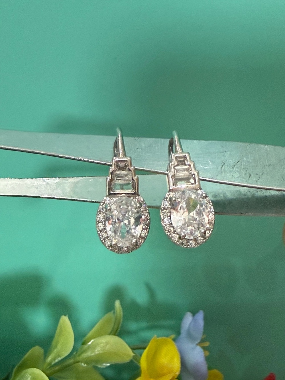 CZ Halo Drop Earrings - Silver Tone